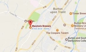 Map showing location for the MeetUp at Marstons networking event in Burton on Trent