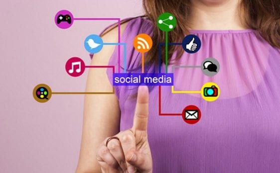 Lady pressing social media marketing buttons - our services for Pinterest